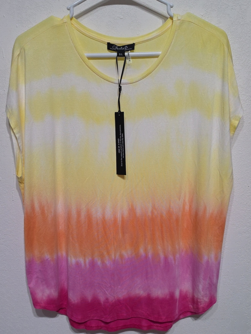 CHARLIE B Yellow Orange Pink Tie-Dye Short Sleeve Top